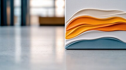 Close-up of a textured abstract painting on canvas with wavy layers of color, indoors, with a blurred background.