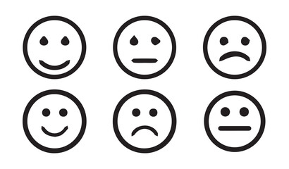 Collection of six outline emoticons illustrating different moods and feelings isolated on white background
