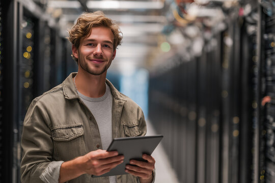 Young IT Engineer in Data Center Holding Tablet, Smiling Technician Checking Server Racks and Network Infrastructure for Cloud Systems - Powered by Adobe