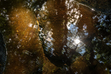 長野県南牧村の渓流の岩に反射する水面と光のテクスチャ
