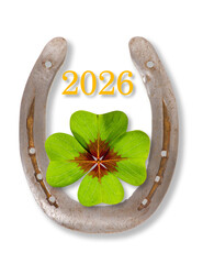 Neujahr und Silvester mit Jahreswechsel von 2025 auf 2026 mit einem Hufeisen als Talisman und Gl&uuml;cksbringer - digital bearbeitet - FOTOMONTAGE