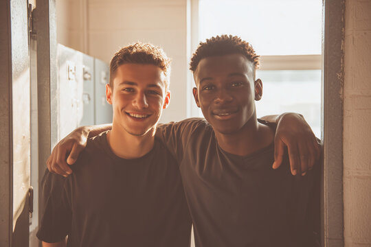 Two smiling teenage friends embracing in a sunlit locker room, showcasing genuine camaraderie, diversity, and youthful confidence