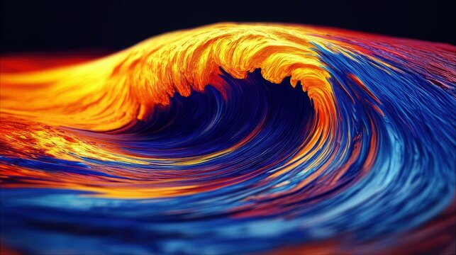An abstract depiction of a wave crashing, rendered in vivid colors of orange, yellow, and blue, creating a dynamic and visually striking composition.