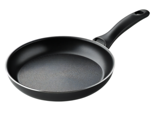 Empty black nonstick frying pan with handle, cooking skillet for kitchen cookware, top view, isolated on white background