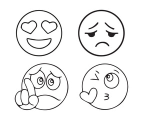 Set of 4 hand drawn emoticons isolated on white background, various emotions faces for social media app