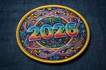 Colorful embroidered patch displaying the year 2026 on a textured fabric background, symbolizing future events and celebrations in a creative design. Selective focus