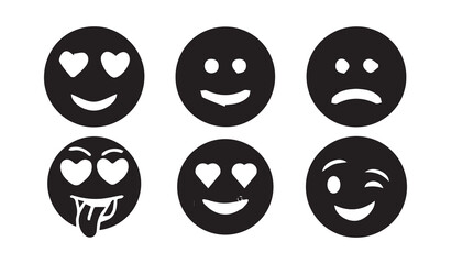 Set of 6 black solid emoticons isolated on white background, various emotion faces for digital communication