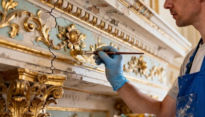 Restoration expert delicately repairs ornate crown molding in a historic building preserving timeless architectural details with meticulous care.
