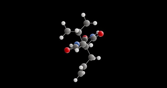 Butalbital molecule, rotating 3D model of sedative, looped video on a black background
