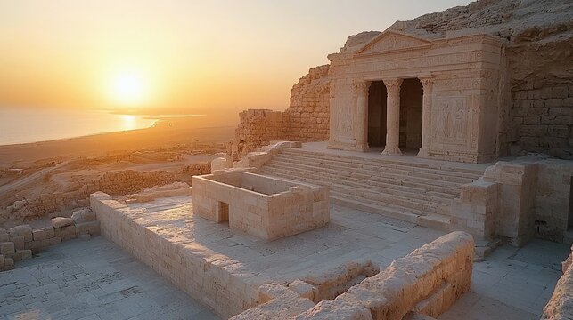 An ancient ruin with columns and steps is bathed in the warm light of a sunset over a body of water and desert landscape.