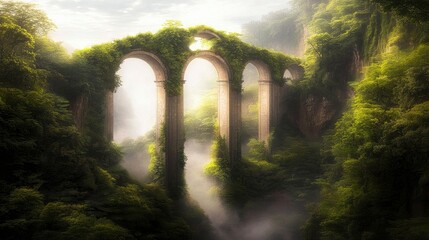 An ancient stone bridge overgrown with lush green vegetation spans a valley shrouded in mist, creating a mystical and atmospheric scene.