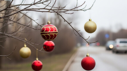 Christmas baubles hanging from bare tree branches in an urban winter setting, with shimmering red and gold ornaments against a blurred street background during holiday season, festive decoration.