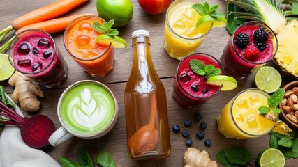 Variety of colorful healthy drinks with fresh fruits vegetables and nuts on a wooden surface - Powered by Adobe