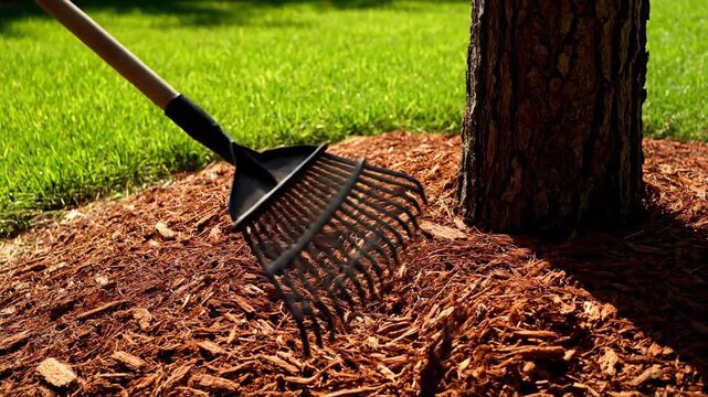 Gardener Raking Mulch Around Tree Trunk on Lush Green Lawn With Bright Sunlight Casting Shadows on a Sunny Day Perfect for Outdoor Yard Maintenance