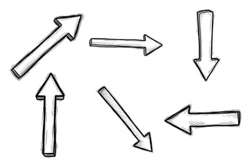 Doodle or hand drawn arrow icon set isolated on white background