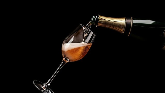 Elegant champagne being poured into a flute glass from a golden bottle against a dark background