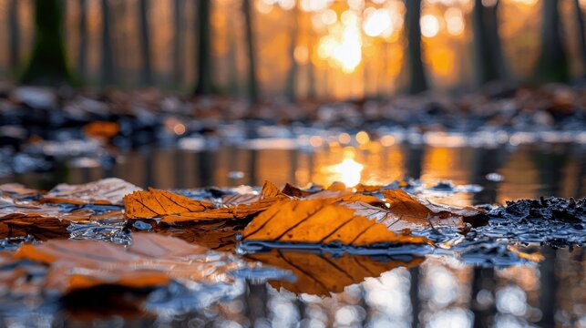 Close-up of autumn leaves floating on the surface of a puddle, reflecting the warm light of a sunset in a forest.