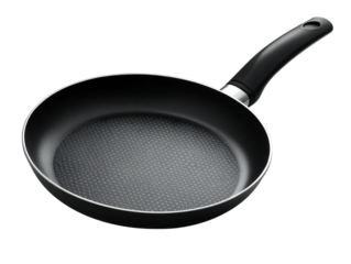 Empty black nonstick frying pan with handle, cooking skillet for kitchen cookware, top view, isolated on white background