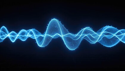 Luminous blue digital sound wave or signal flowing on a dark technology background with glowing particles
