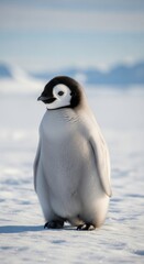 Adorable fluffy emperor penguin chick in snow