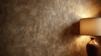 A decorative wall with a lamp, creating a warm, inviting atmosphere. The lamp casts a gentle glow on the textured wall, enhancing its subtle patterns
