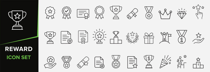 Set reward icons representing achievement success victory and recognition in a modern line art style. 