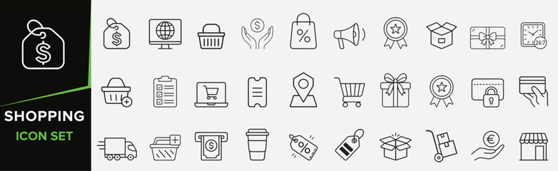 Set of shopping icons illustrating e-commerce concepts such as online transactions, secure payments, delivery services. Shopping icon set.