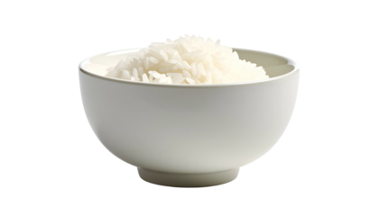 Steaming rice fills a small, smooth, clean white ceramic bowl