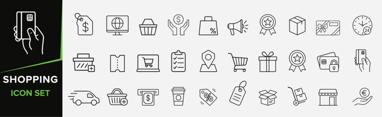 Set shopping icon collection featuring various commerce symbols for online retail and business transactions. shopping icon set.