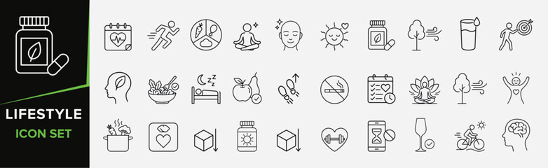 Lifestyle icons illustrating comprehensive healthy lifestyle concepts including physical activity, balanced diet, mental wellness, and self-care for digital use