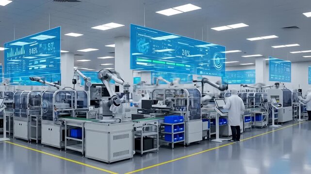 Automated factory production line with robotic arms and workers in a cleanroom environment.