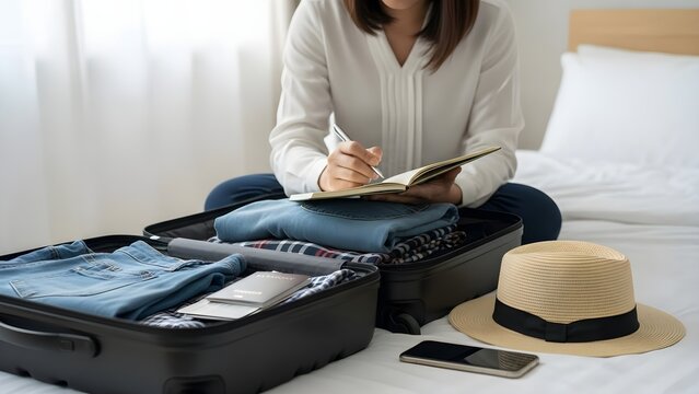 Young woman preparing for travel packing clothes into a suitcase and making a checklist on her notebook in a hotel room.