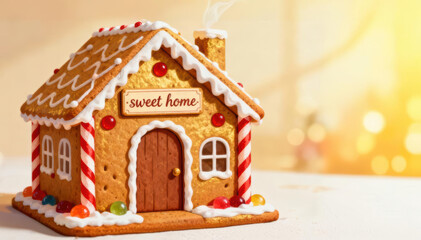Sweet gingerbread house christmas decoration for holiday. Festive edible food with warm light creates cozy home feeling
