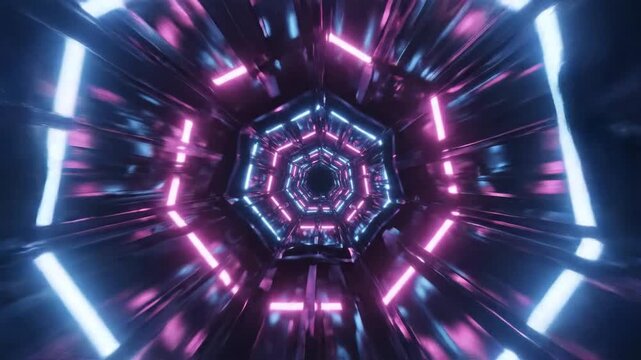 Seamless loop of a glowing bright neon light corridor leading into an infinite abstract futuristic dark tunnel background ultraviolet, motion, fluorescent