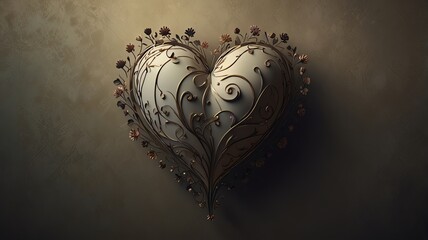 Ornate heart with intricate scrolling details on a textured background, artfully crafted and detailed.