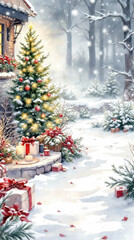 Festive christmas tree with gift boxes in snowy winter holiday scene outside cozy house. peaceful and magical day