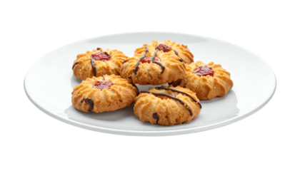 Plate of patterned cookies, filled with jam, drizzled chocolate