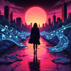 Woman standing in cityscape at sunset with flowing music notes  