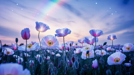 Obraz premium A breathtaking field of white poppies under a vibrant twilight sky, illuminated by a brilliant rainbow and twinkling stars, evoking a sense of magical serenity in nature