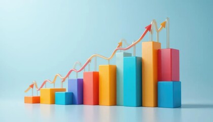 A dynamic 3D bar chart with a rising arrow illustrating business growth, financial success, and market performance analysis