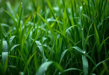 Obraz premium Emerald green grass drenched in heavy rain, blurred background , drops, greenery