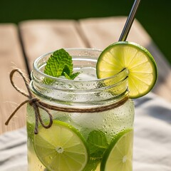 Refreshing Summer Lime Mint Drink in Mason Jar.