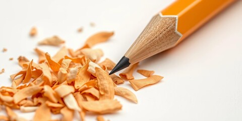 Close-up of sharpened pencil & wood shavings on pristine white surface, background, pointed