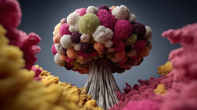 Arbre fantastique aux pompons color&eacute;s dans un paysage surr&eacute;aliste