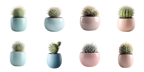 Collection de petits cactus dans des pots colorés pastel sur fond transparent