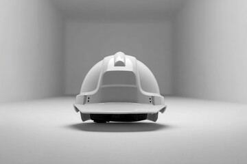 White hard hat positioned centrally on a smooth surface, showcasing its design and functionality in a minimalistic environment, emphasizing safety and construction concepts