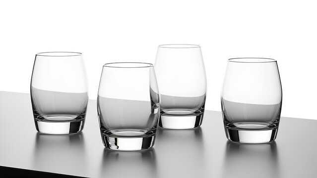 Four clear, modern, stemless glasses sit on a reflective surface, lit from above