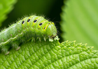 Fototapeta premium Macro close-up of a large green caterpillar with black spots eating the edge of a leaf