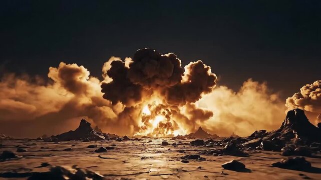 Massive explosion with huge smoke clouds over barren landscape