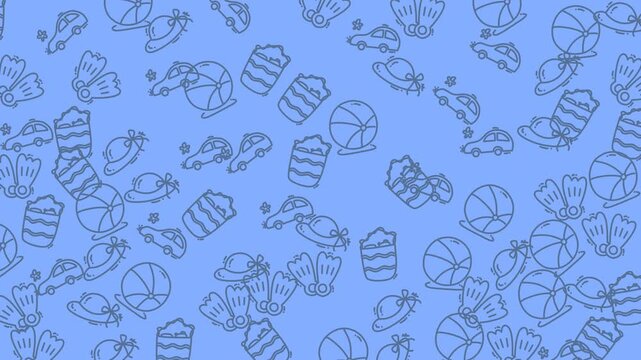 Drawings of summer things like hats, balls, and cars suitable for graphic design projects, social media posts, and summerthemed websites.
